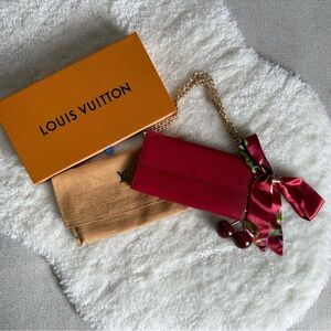 Louis Vuitton Red Epi Wallet with Gold Chain, Dust Bag, Box, and Charm.